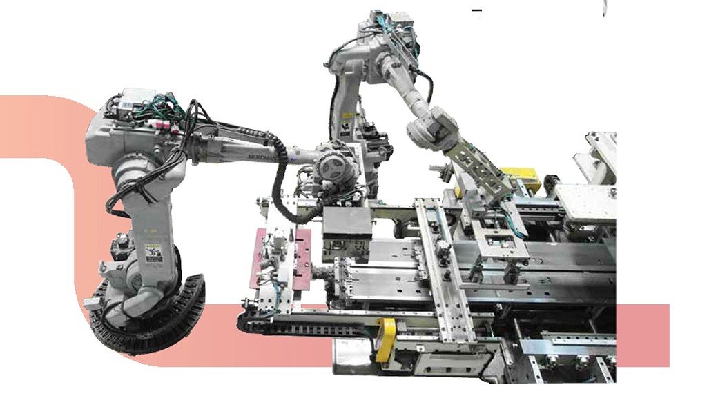 Superfast auto core builder robot cell with two industrial robots