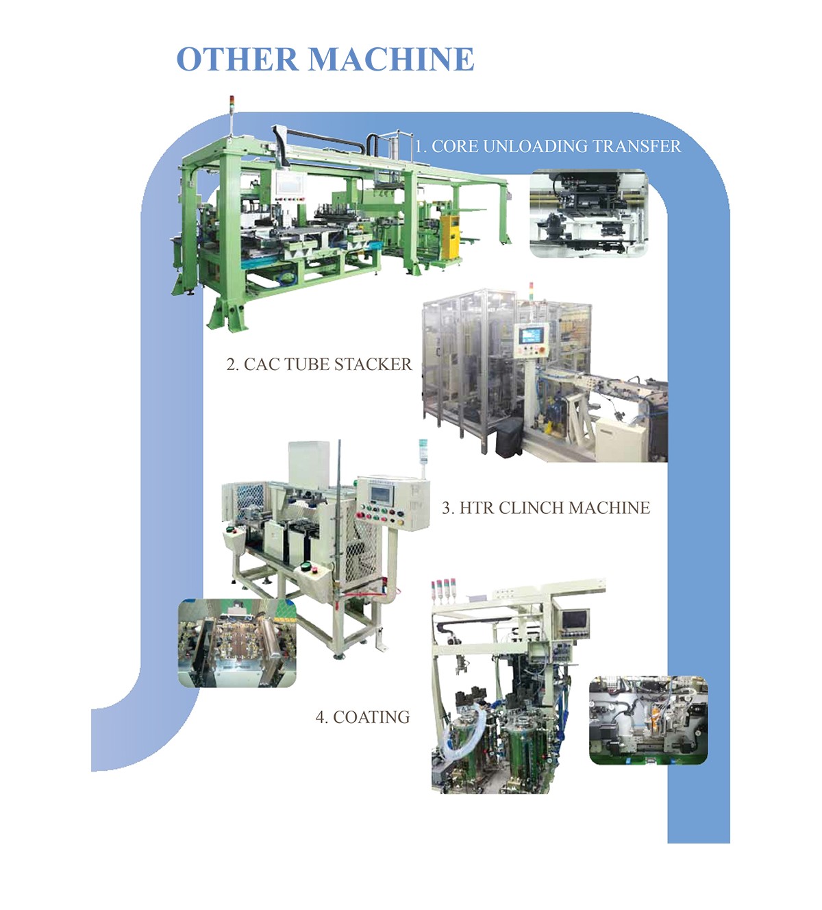 OTHER MACHINE — 1. CORE UNLOADING TRANSFER, 2. CAC TUBE STACKER, 3. HTR CLINCH MACHINE, 4. COATING