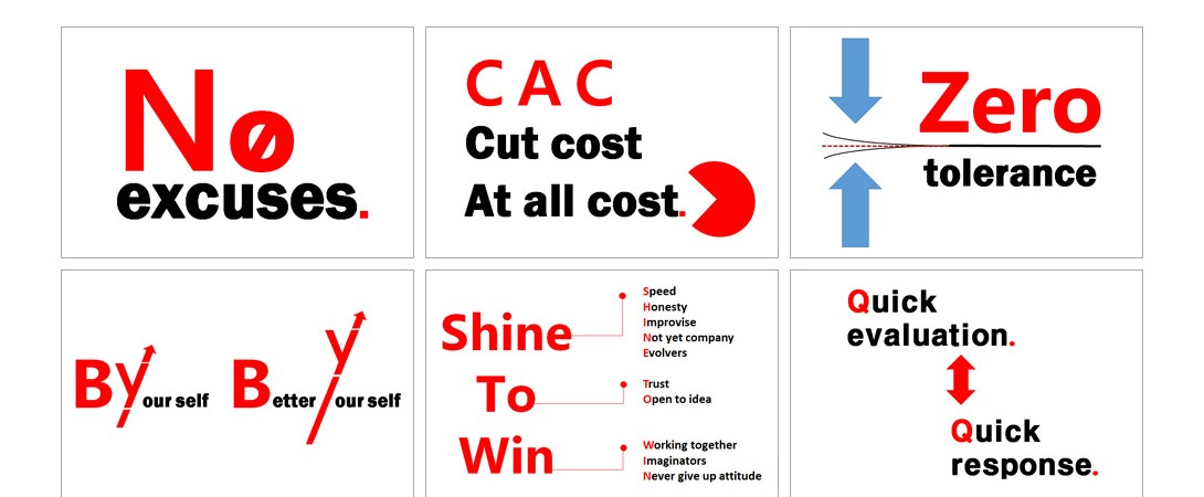 Company motto cards — No excuses / CAC Cut cost At all cost / Zero tolerance / By yourself Better yourself / Shine To Win / Quick evaluation, Quick response