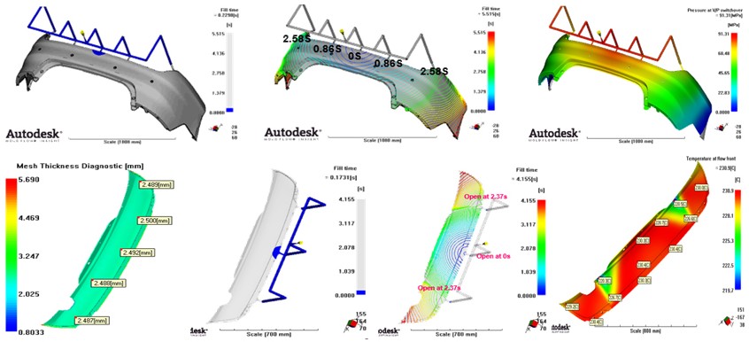 Mold flow analysis screenshots — bumper meshes, fill time and mesh thickness diagnostic plots in Autodesk Moldflow