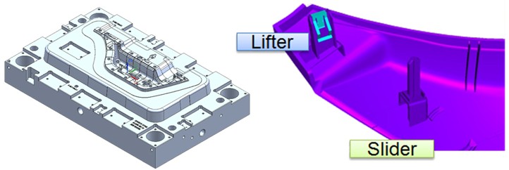 Tool feasibility — 3D mold base model and part model with lifter and slider check