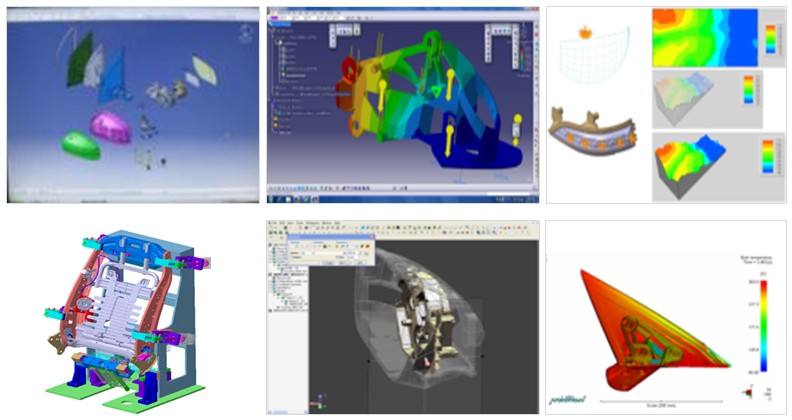 Full 3D tool design — CAD assembly views, mold structure and analysis result screenshots