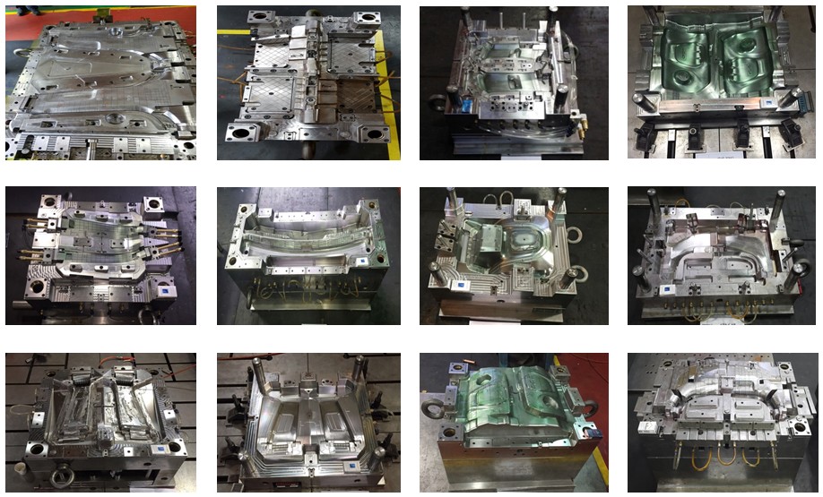 Injection tool build — twelve photos of machined injection mold bases and cavities