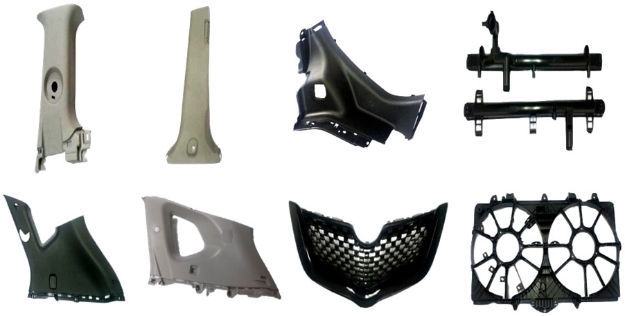 Injection parts — pillar trims, interior panels, front grille and fan shroud